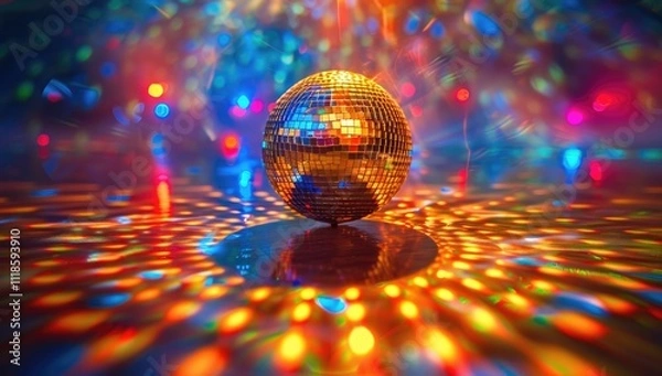 Fototapeta A colorful disco ball reflecting vibrant lights in a dance floor setting, capturing the essence of nightlife and celebration. The concept is party and entertainment