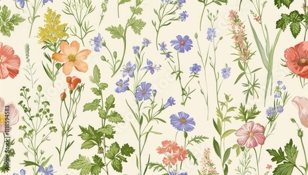 Fototapeta Dainty Abstract flower Bright and cute colors pattern, simple, neutral flowers on white background Seamless pattern of elegant, dainty, neutral watercolor floral for fabric, home decor, and wrapping