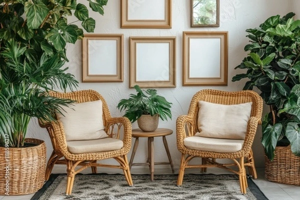 Fototapeta A cozy living room with two wicker chairs with cushions a small wooden side table and indoor plants