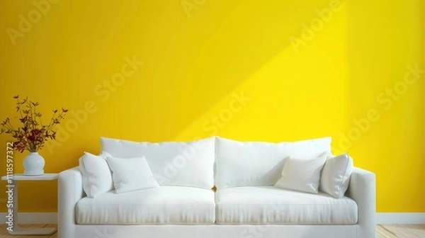 Fototapeta Orange modern sofa and home potted plant near on a plain yellow background, front view. AI generative