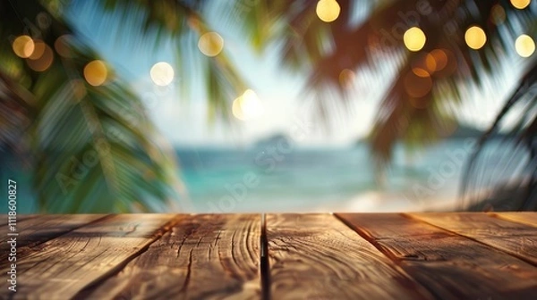 Fototapeta A deserted wooden table with a blurred beach party in the background, capturing the essence of laid-back seaside gatherings.