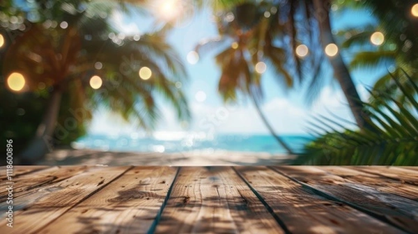 Fototapeta A deserted wooden table with a blurred beach party in the background, capturing the essence of laid-back seaside gatherings.