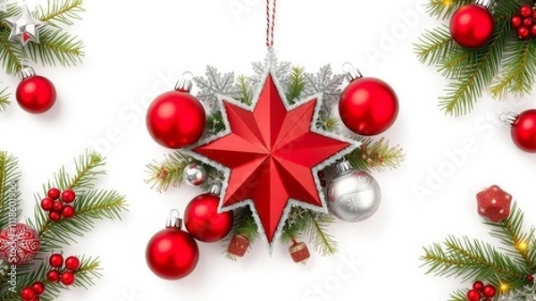 Fototapeta Arch shaped Christmas border with fresh fir branches, red and silver ornaments, and a star in the middle, decor, Christmas, traditional