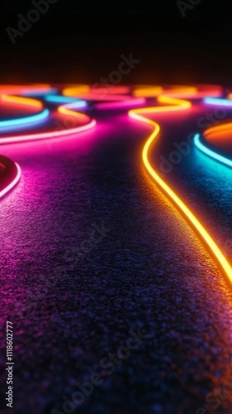 Fototapeta Illuminated Path: Vibrant neon lights wind across a textured surface, creating a captivating, abstract design with flowing lines and a futuristic aesthetic.