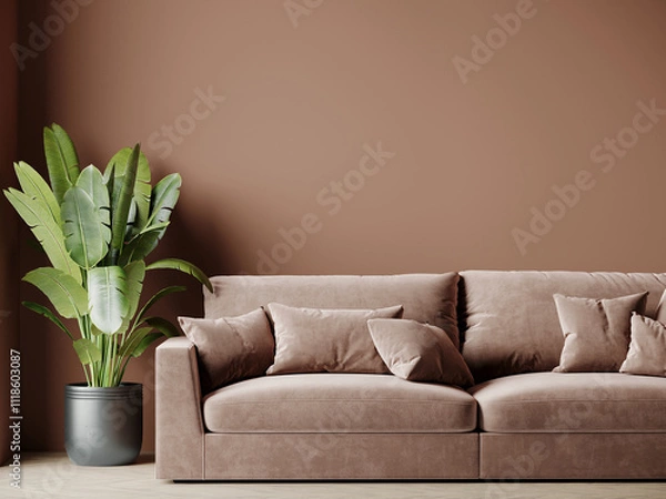 Obraz Modern living room with sofa in chocolAte colors. Wall painted trend mocha mousse tone 2025 year. Warm palette  of design interior room and furniture. 3d render