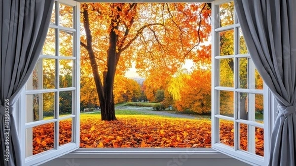 Fototapeta Autumn view from a window with fall colors, warm light, and a vibrant tree.