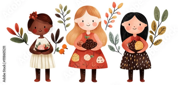 Obraz Three girls holding fruits, surrounded by colorful leaves, playful and cheerful illustration.
