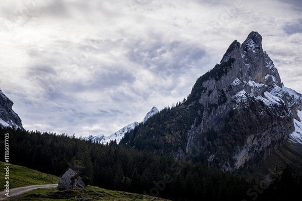 Fototapeta swiss mountains with hiking trail and cloudy sky