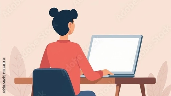 Fototapeta Minimalist illustration of a person working on a laptop at a desk with a soft pastel background and ample copyspace