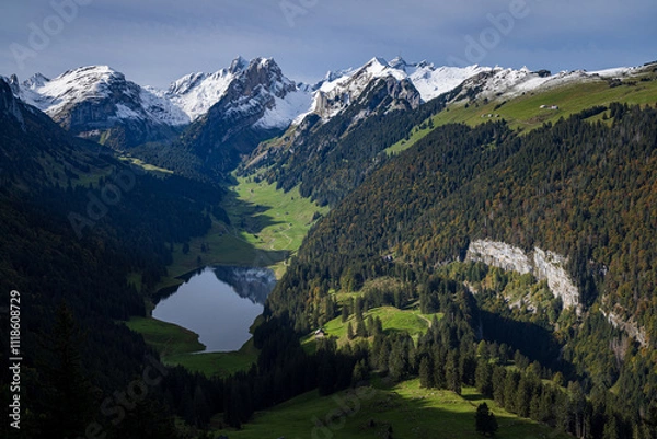 Fototapeta swiss mountains landscape with lake and peaks of alpstein in autumn