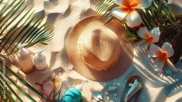 Fototapeta A summer beach flat lay with a straw hat sunglasses sunscreen a beach towel and seashells arranged on a sandy background.