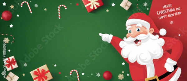 Fototapeta Merry Christmas banner with cute funny Santa Claus pointing to empty space