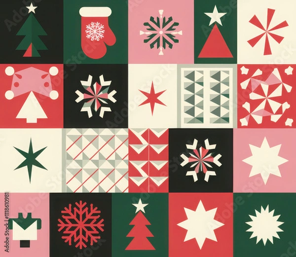 Obraz Christmas card and seamless pattern in modern minimalist geometric style. Merry Christmas colorful illustration in flat cartoon style. Xmas backgrounds with geometric patterns, stars