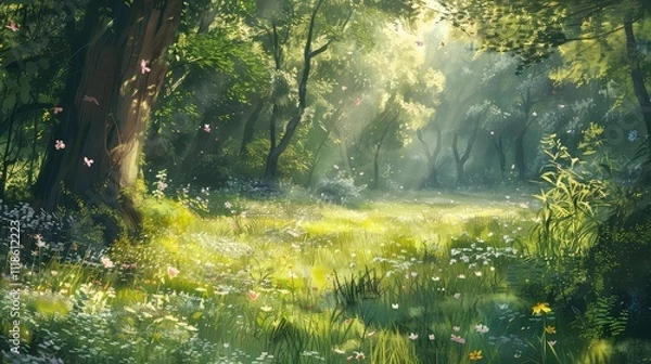 Fototapeta A clean and polished HD capture of a sunlit forest, presenting a minimalist and vibrant background for mockups.