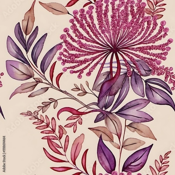 Fototapeta Pink and Purple Watercolor Floral Pattern: This intricate and elegant seamless pattern showcases a captivating blend of pink and purple watercolor flowers and foliage.