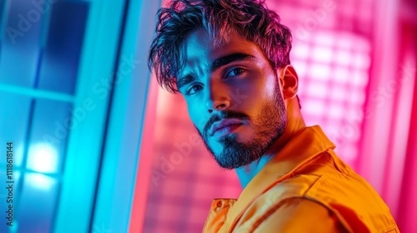 Fototapeta Stylish Man in Vibrant Neon Lighting - A striking portrait of a young man illuminated by colorful neon lights, showcasing modern fashion and a captivating expression