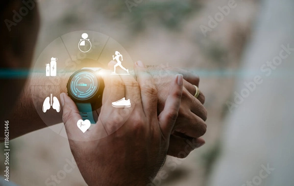 Fototapeta Running man with smartwatch. smartwatch that displays various health and fitness information. The watch shows that the person is currently running. concept technology to check health while exercising