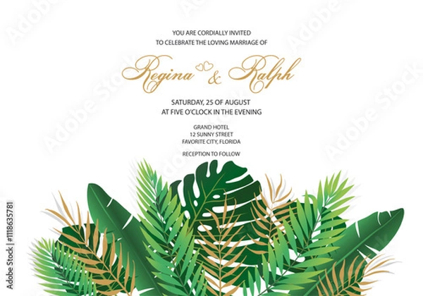 Fototapeta Template for invitation to a wedding or other holiday. Palm leaves gathered in a bouquet on a white background. Invitation or greeting card. Vector illustration.