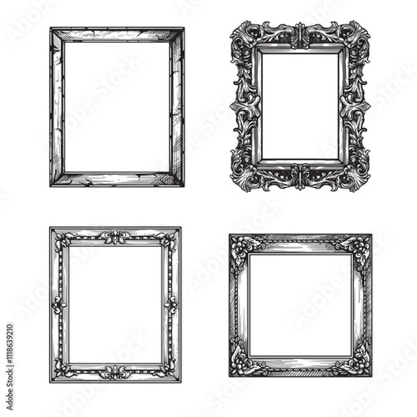 Fototapeta Hand drawn sketch style vintage picture frames set. Square baroque Victorian borders. Vector illustrations isolated on white.