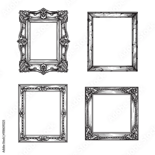 Fototapeta Hand drawn sketch style vintage picture frames set. Square baroque Victorian borders. Vector illustrations isolated on white.