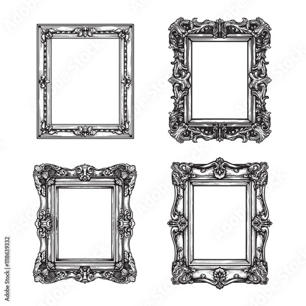 Fototapeta Hand drawn sketch style vintage picture frames set. Square baroque Victorian borders. Vector illustrations isolated on white.