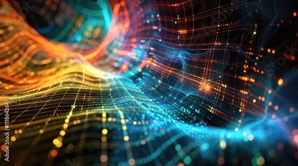 Fototapeta Tunnel of glowing particles - space-time fabric warp, time travelling machine, new physics concept