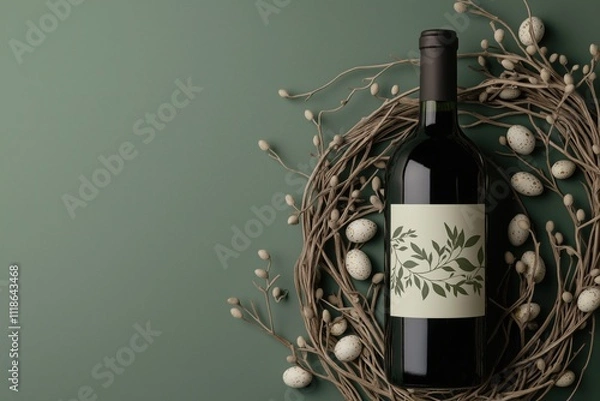 Fototapeta Easter wine bottle label mockup with rustic wreath and quail eggs for spring designs