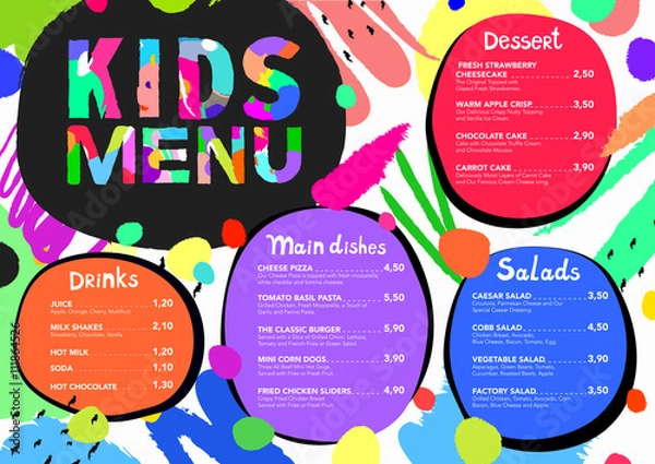 Fototapeta Cute colorful meal kids menu template with brush strokes and colorful splashes