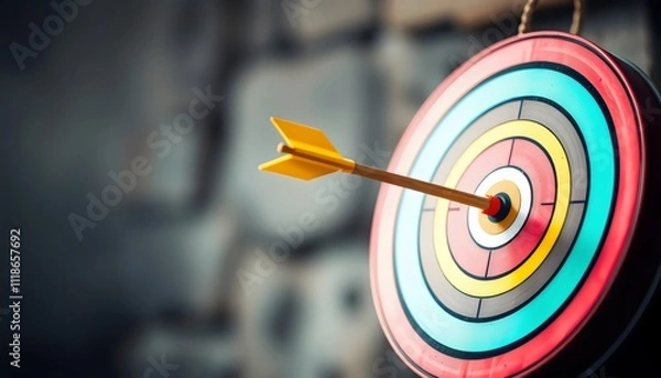Fototapeta A colorful target with arrows hitting the bullseye, representing accuracy and success, set against a blurred background with ample copy space