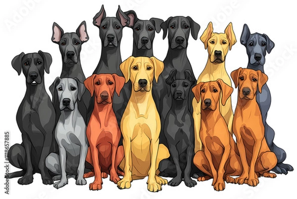 Obraz Group of 13 great dane dogs cartoon style sitting together. Transparent background. PNG