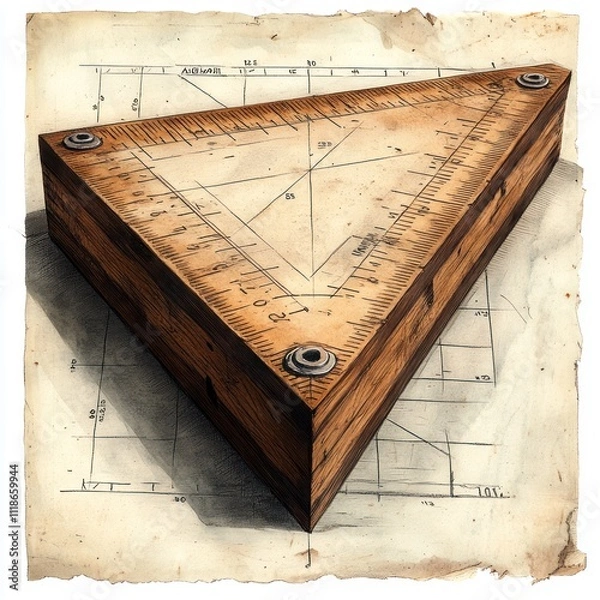 Fototapeta A wooden triangle ruler on a technical drawing background, used for measuring angles.