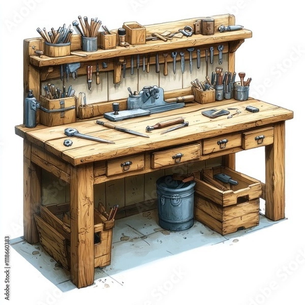 Fototapeta A wooden workbench filled with tools and storage, ideal for crafting and repairs.