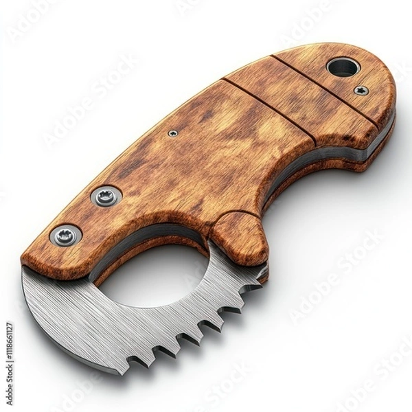 Fototapeta A wooden-handled knife with a serrated blade, designed for utility and practicality.
