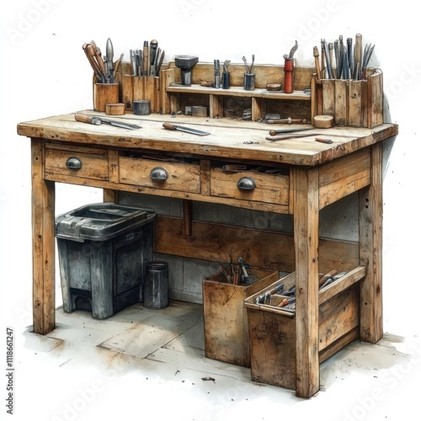 Fototapeta A wooden workbench with tools and storage, designed for crafting and repairs.
