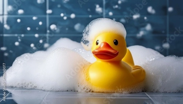 Obraz closeup of yellow rubber duck in bathtub with lots of foam