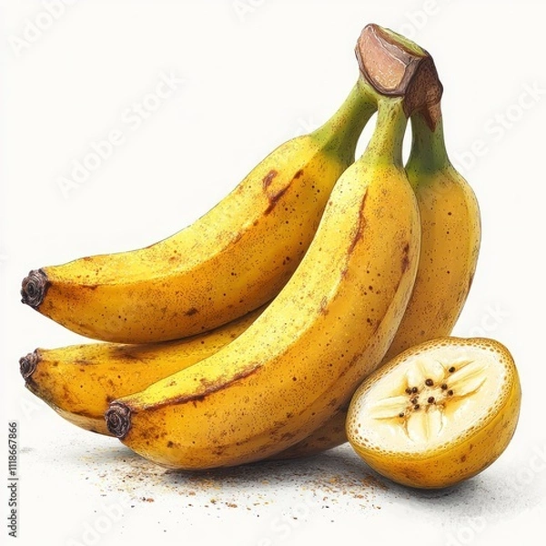 Fototapeta Three ripe bananas with one sliced open, showcasing their creamy interior.