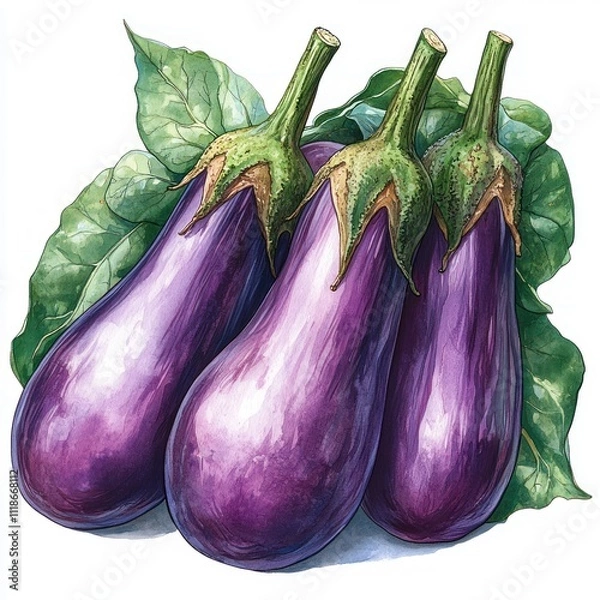 Fototapeta Three vibrant eggplants with green leaves, showcasing fresh produce.