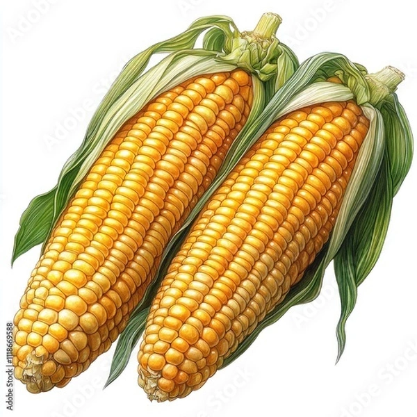 Fototapeta Two ears of corn with yellow kernels and green husks, showcasing fresh produce.