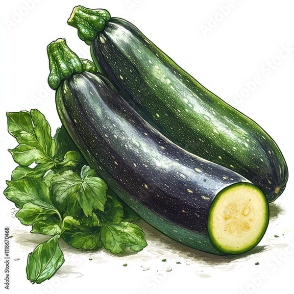 Fototapeta Two zucchinis with a cut piece and fresh cilantro leaves on a white background.
