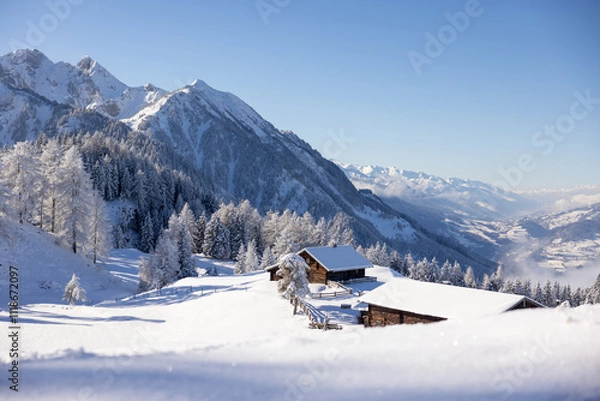 Obraz Winter nature landscape with snow covered authentic hut in the Alps. Winter wonderland concept