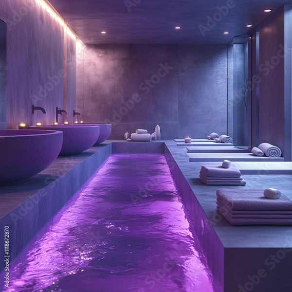 Fototapeta The luxurious spa setting in deep purple tones with pillows and candles creates a sublime, comfortable and elegant atmosphere.