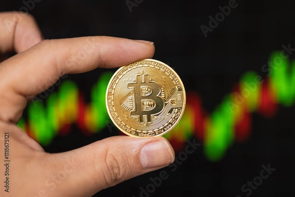 Fototapeta Hand holding a finance coin in front of a stock market chart