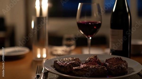 Fototapeta romantic dinner featuring steak, red wine, and candles on a cozy table setting.