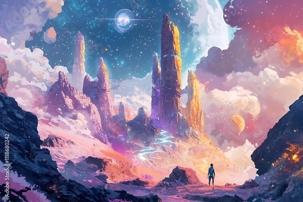 Fototapeta A vibrant, otherworldly landscape featuring towering rock formations and a cosmic backdrop.