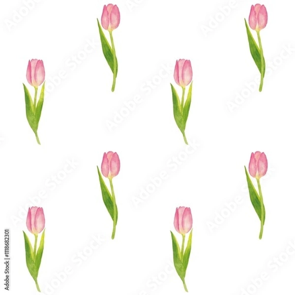 Fototapeta Pink tulip, watercolor flower, seamless floral summer seamless pattern, hand-painted watercolor on textile abstract art with watercolor texture.