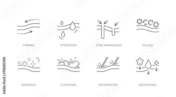 Obraz Cosmetology and skincare icons. Facial treatment and procedures - firming, hydration, pore minimising, pilling, nourishing, cleansing. Linear illustration editable strokes.