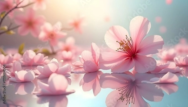 Fototapeta Blossom flowers petals on mirror with sky reflection
