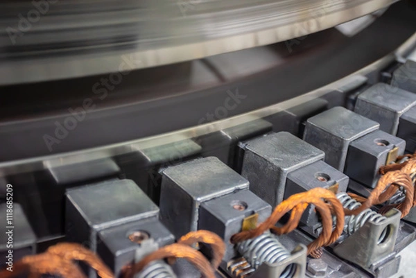 Fototapeta Hydro generator static excitation system. Carbon brushes in brush holders and slip rings of the excitation system of a 80 MW vertical synchronous hydrogenerator, close-up.