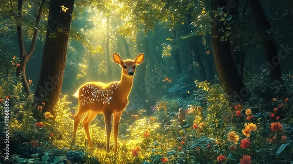 Fototapeta A serene fawn stands in a sunlit forest surrounded by colorful flowers, ideal for wall art, posters, and nature-themed designs.