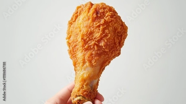 Obraz A hand holding a crispy fried chicken drumstick against a plain background.